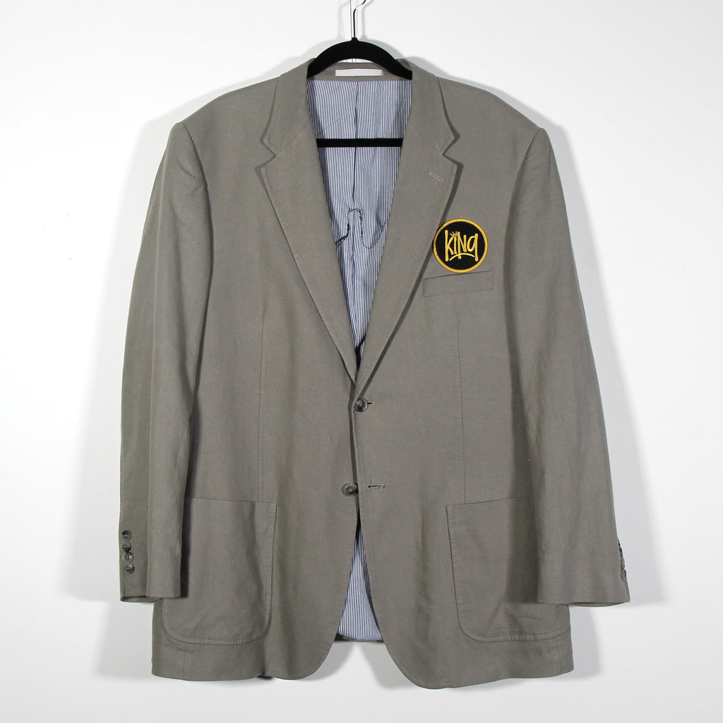 Grey linen/cotton M& S Man lined Blazer Up Cycle with "King" patch and "King Charles Spaniel" patch