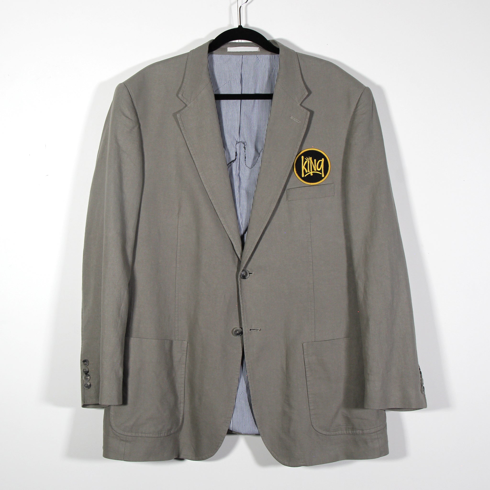 Grey linen/cotton M& S Man lined Blazer Up Cycle with "King" patch and "King Charles Spaniel" patch