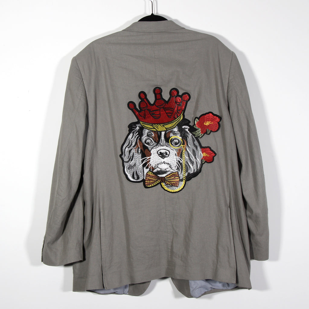 Grey linen/cotton M& S Man lined Blazer Up Cycle with "King" patch and "King Charles Spaniel" patch
