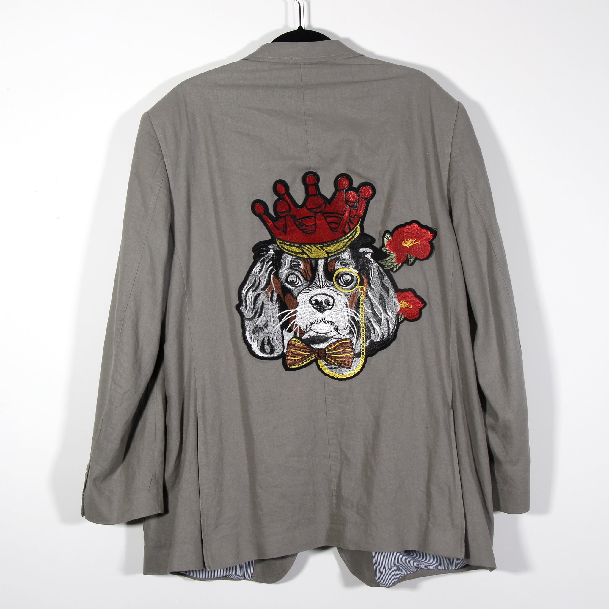 Grey linen/cotton M& S Man lined Blazer Up Cycle with "King" patch and "King Charles Spaniel" patch