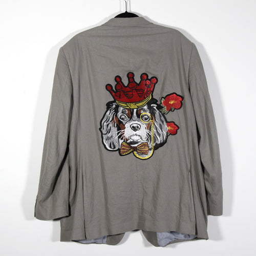 Grey linen/cotton M& S Man lined Blazer Up Cycle with "King" patch and "King Charles Spaniel" patch