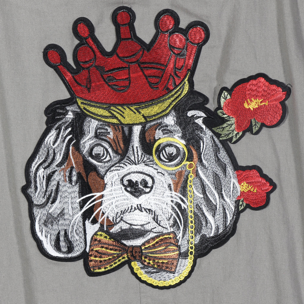 Grey linen/cotton M& S Man lined Blazer Up Cycle with "King" patch and "King Charles Spaniel" patch