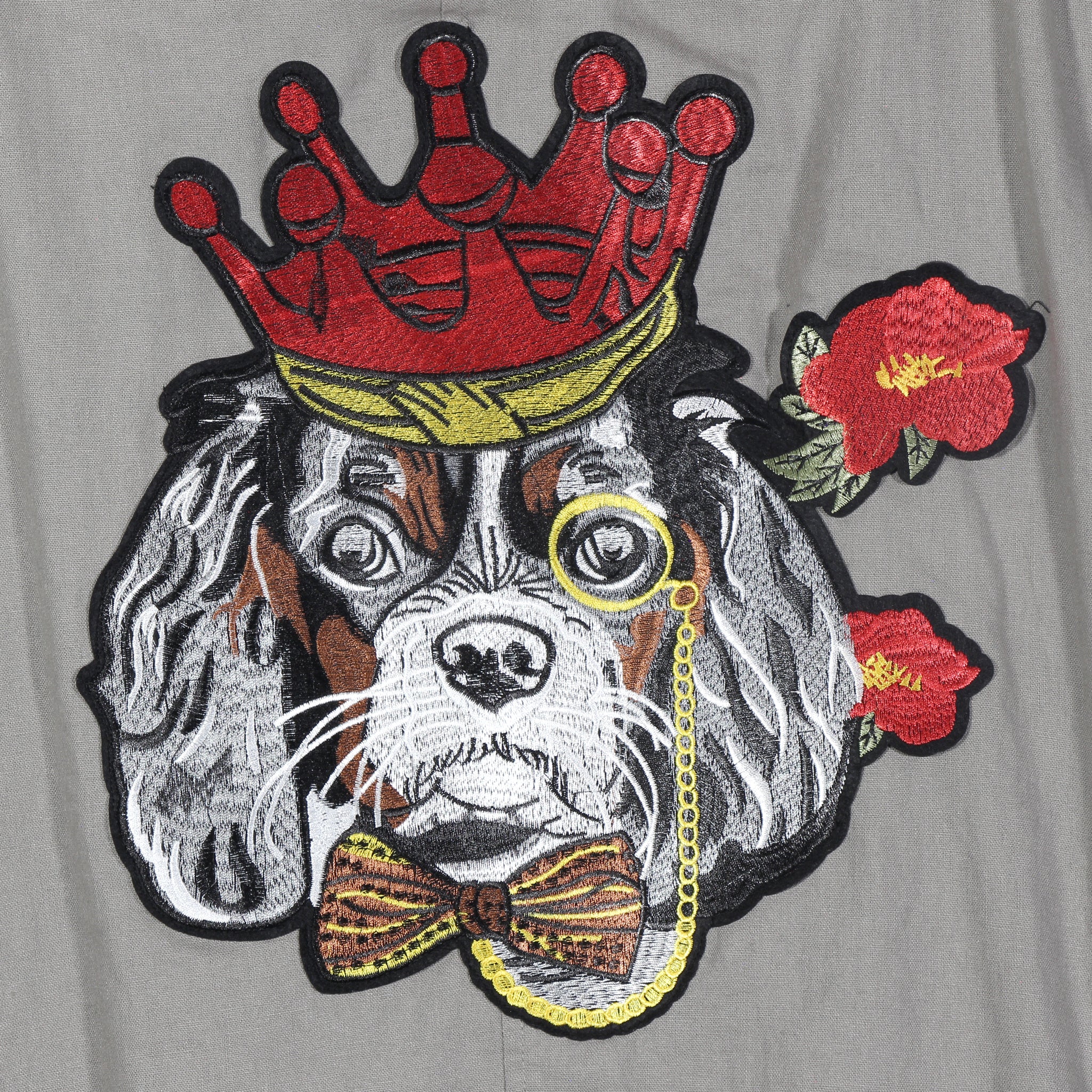 Grey linen/cotton M& S Man lined Blazer Up Cycle with "King" patch and "King Charles Spaniel" patch