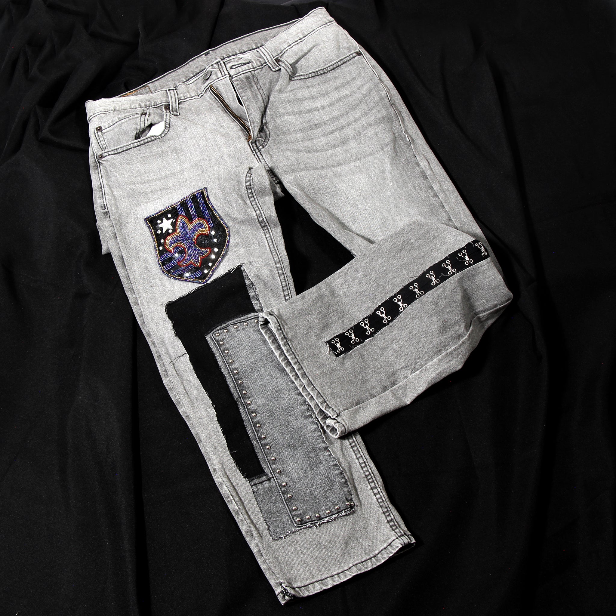 Grey Men's 514 Levi's 32 x 30 Up cycled with beaded patches and denim inserts