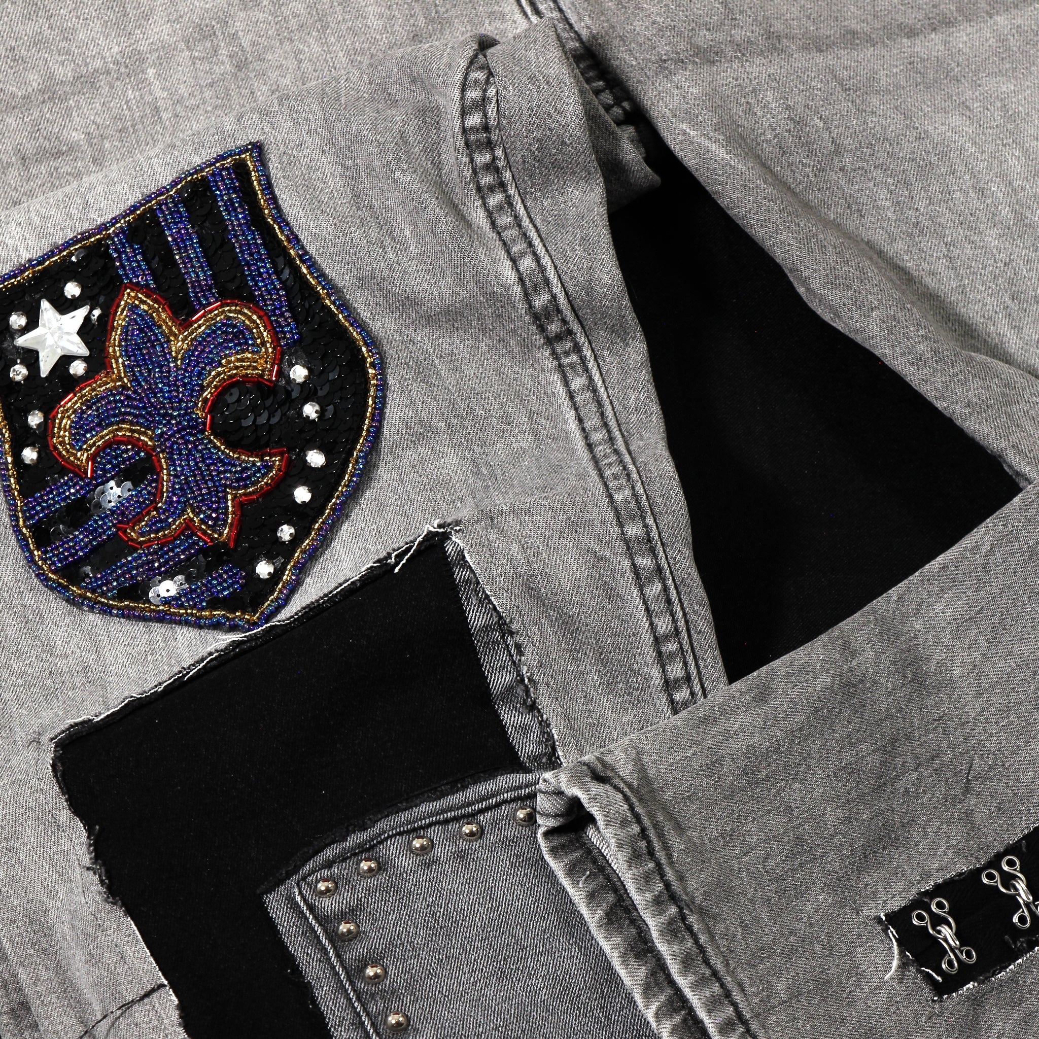 Grey Men's 514 Levi's 32 x 30 Up cycled with beaded patches and denim inserts