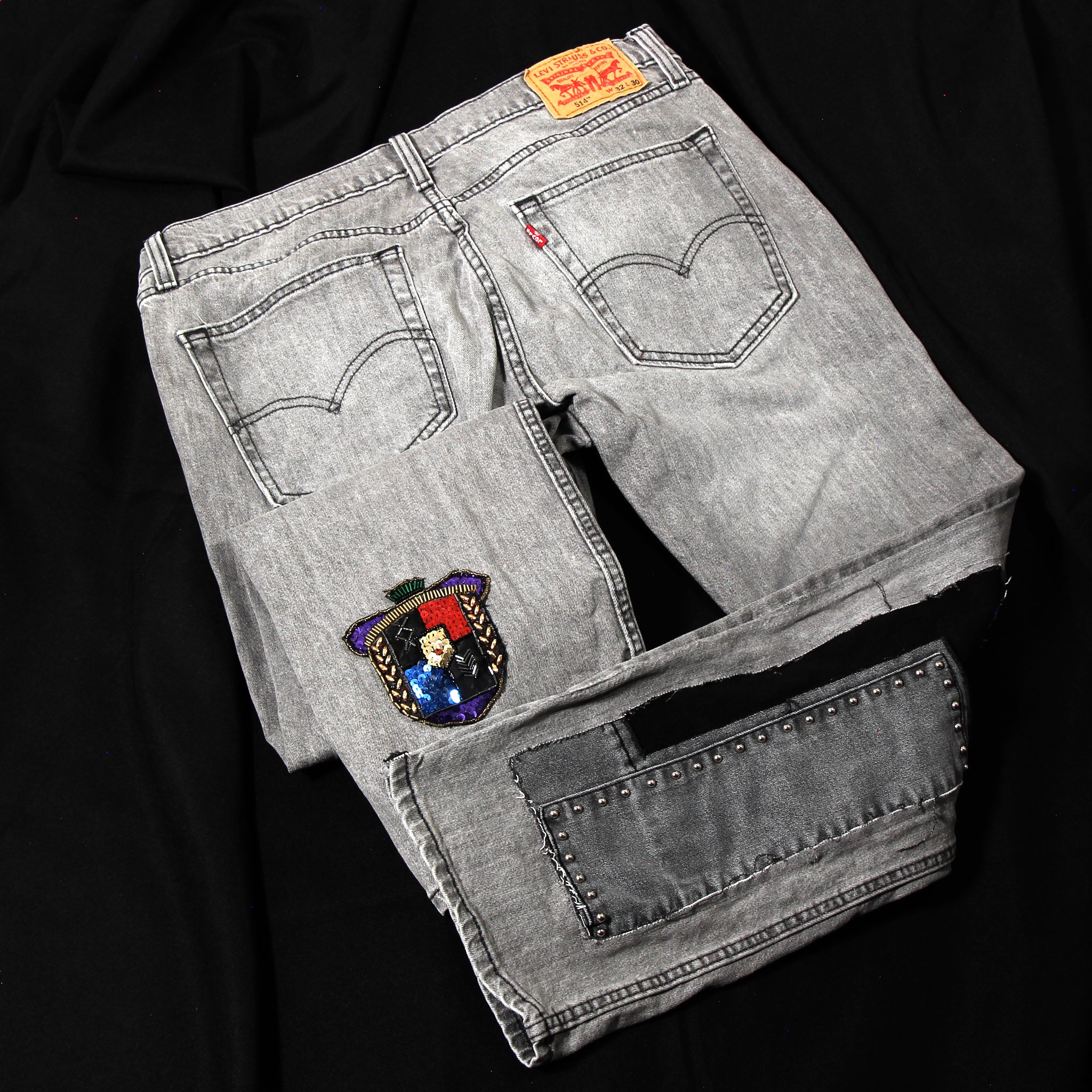 Grey Men's 514 Levi's 32 x 30 Up cycled with beaded patches and denim inserts